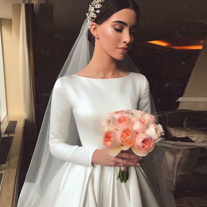 Party Dresses Vestidos De Novia Simple Vintage White Satin Wedding Dress Plus Size Long Sleeves Princesa Bridal Gown Custom Made Robe 230328