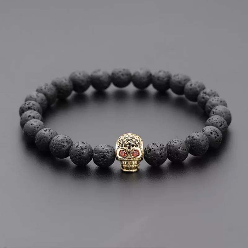 Faddish Beaded 8mm Volcanic Rock Microinset Zircon Skull Beaded Bracelet Black