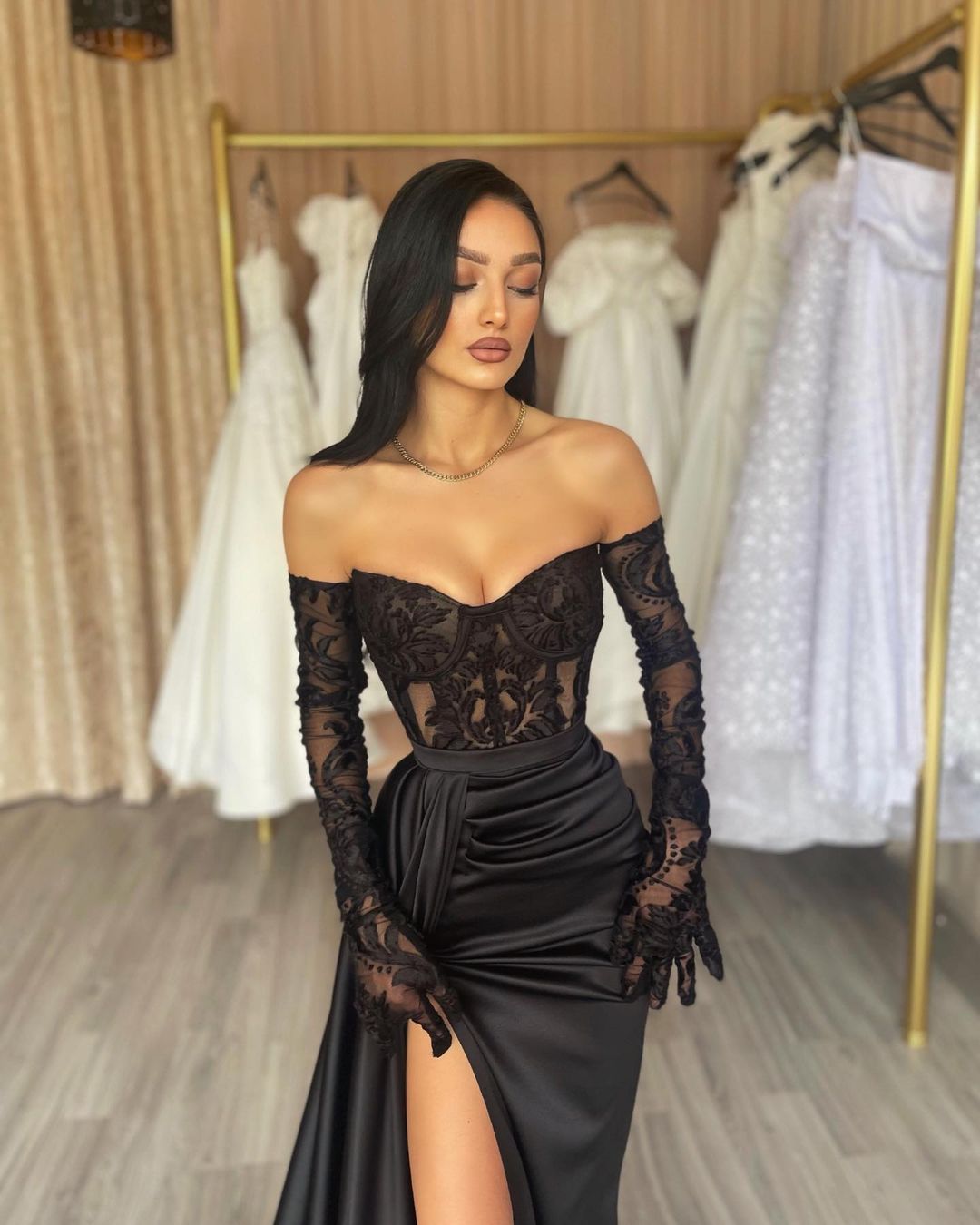 Black prom dresses bone bodice high split lace party dress sweep train dresses for special occasions formal evening gown