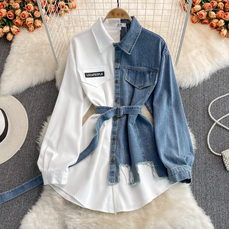 Women's Retro Denim Shirt Dress Long Sleeve Corduroy Lapel Waist Slim Irregular Autumn Chic Casual Mid-Length