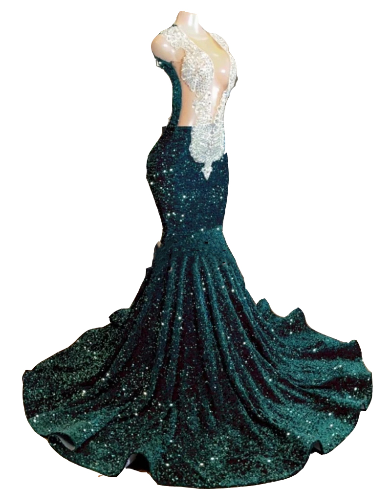 Sexy Prom Dresses Jewel Neck Illusion Sequined Lace Sequins Dark Green Crystal Beads Sleeveless Mermaid Evening Party Gowns Special Ocn Wears Open Bac