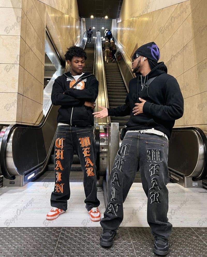 Mens Jeans Orange text high quality trousers embroidery print decorative jeans punk pants streetwear mens y2k clothing 230327