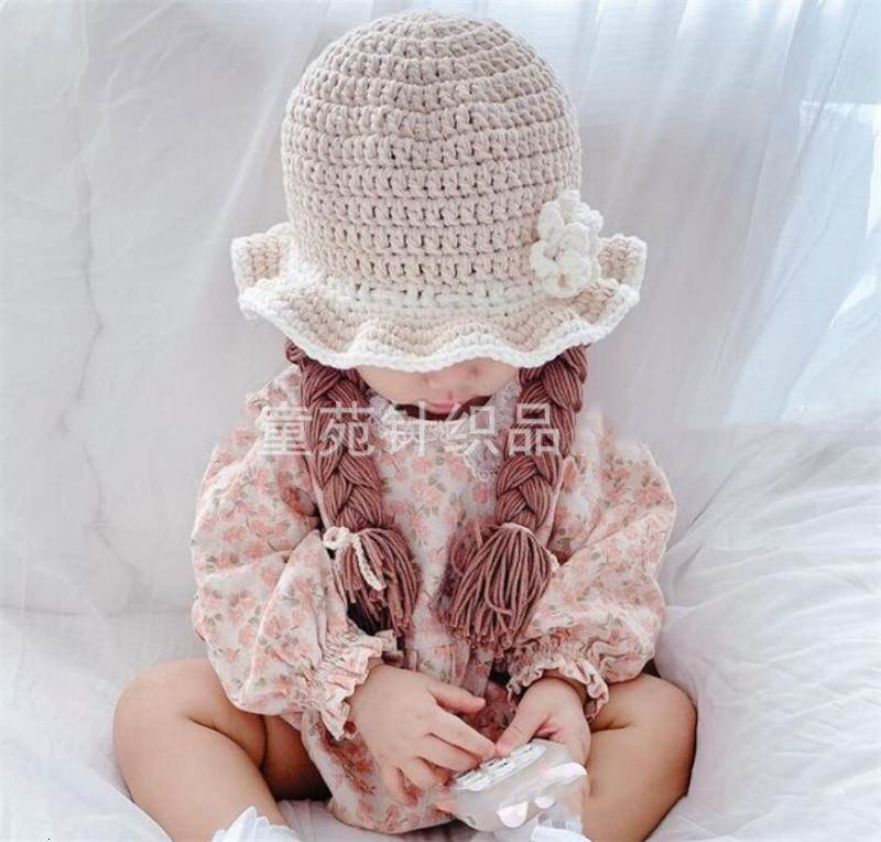 Caps Hats Cute Flower Baby Girl Bucket Hat Hair Pigtail Braid Wig Cap Winter Warm Knitted Children Kids Girls Hats and Caps Accessories 230328