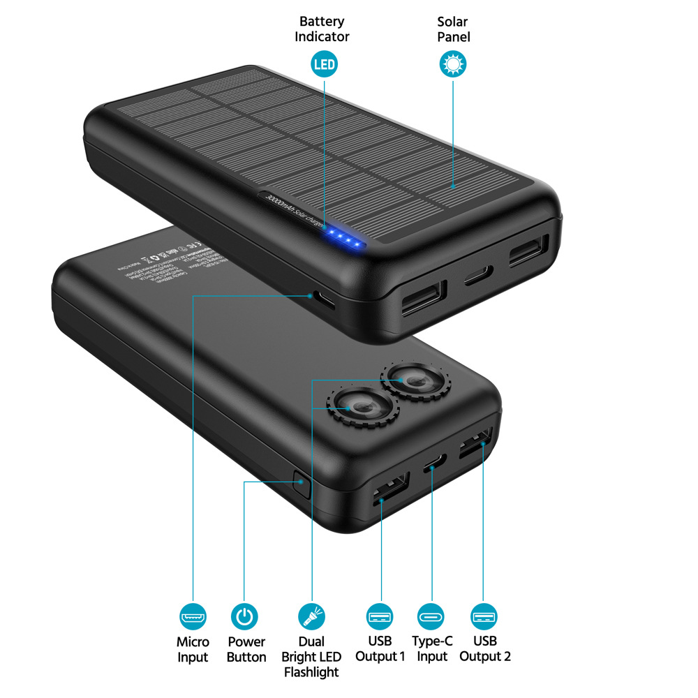 30000mAh Solar Powerful Power Banks Outdoor Charging Station Portable Fast Charge External Spare Battery for Cell Phone Powerbank