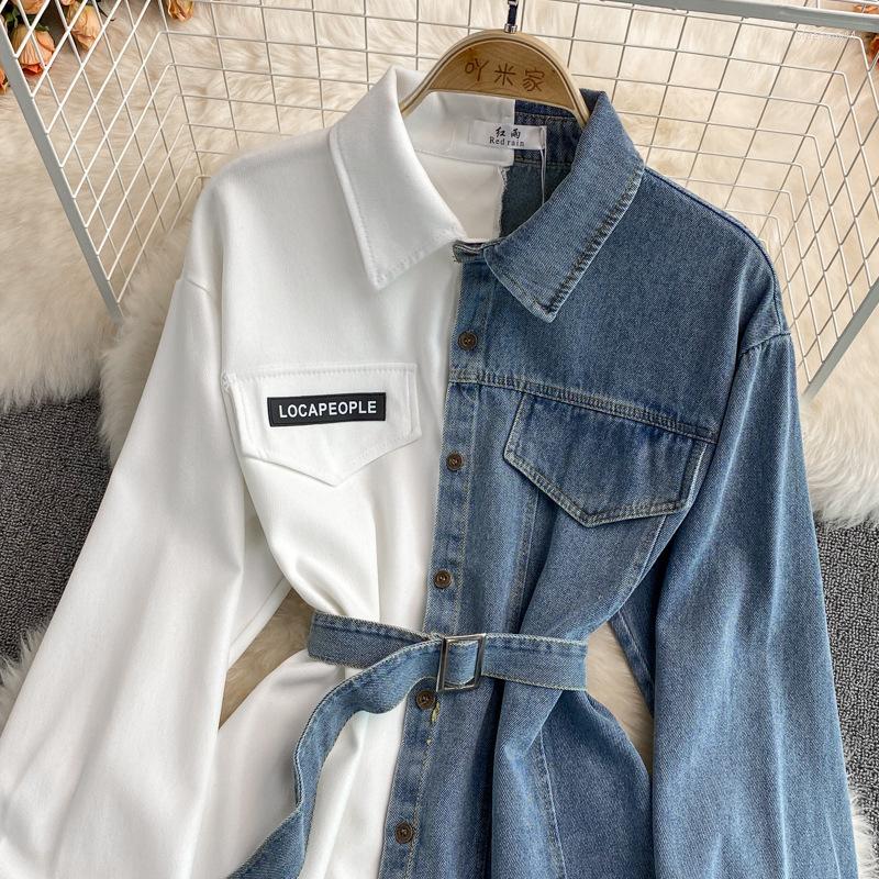 Women's Retro Denim Shirt Dress Long Sleeve Corduroy Lapel Waist Slim Irregular Autumn Chic Casual Mid-Length