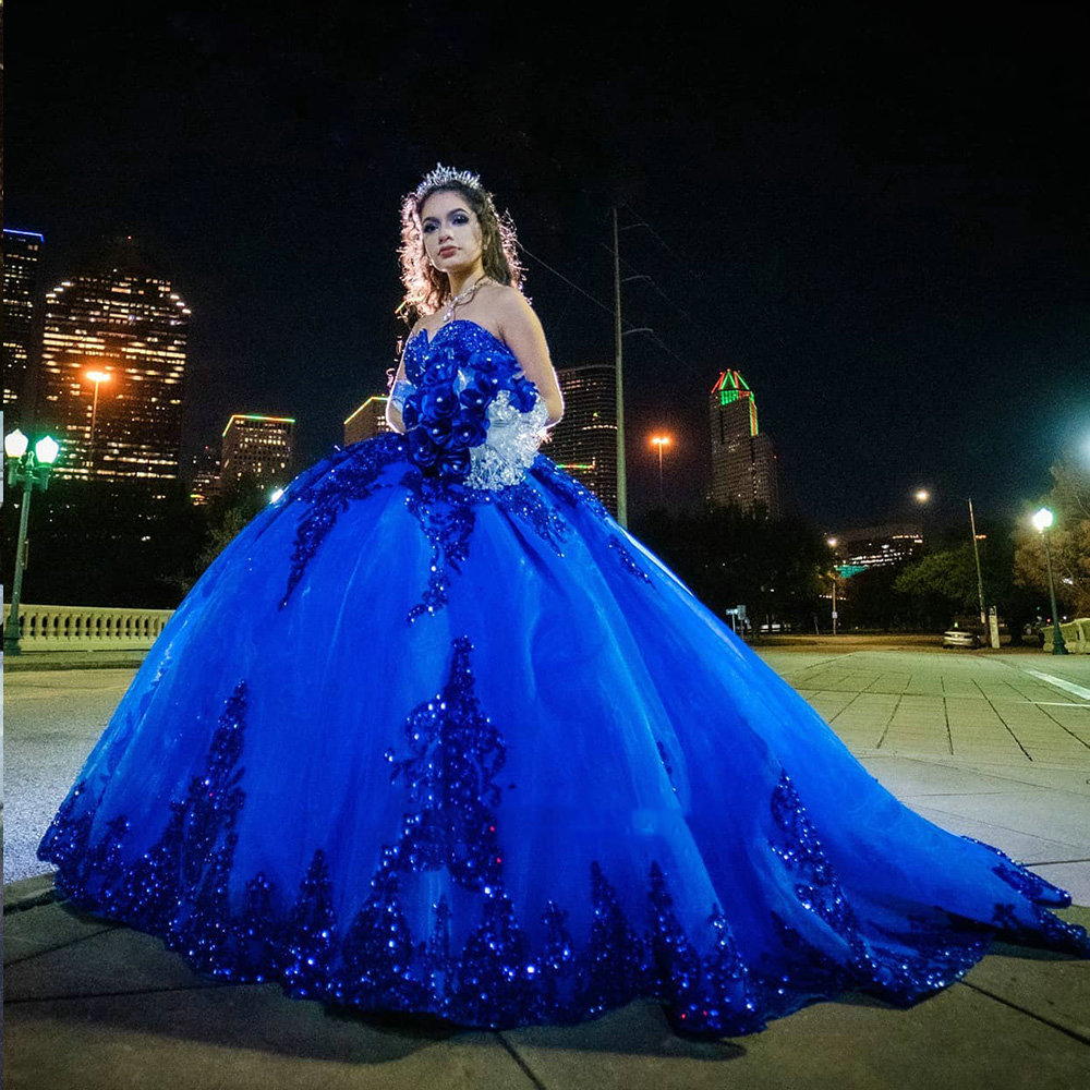Royal Blue Princess Quinceanera Dresses Ruffles Tiered Tulle Prom Party Gowns Glitter Sequin Lace Appliqued Long Sleeves Sweetheart Neck Sweet 15 Vest