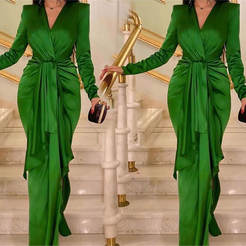 Prom Party Gown Formal Evening Dresses A Line V-Neck Long Sleeve Floor-Length Satin long Zipper Plus Size Custom Gown