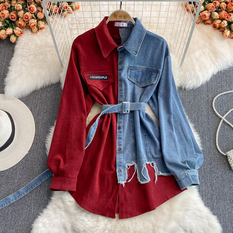 Women's Retro Denim Shirt Dress Long Sleeve Corduroy Lapel Waist Slim Irregular Autumn Chic Casual Mid-Length