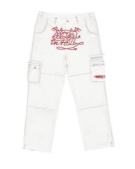 Mens Jeans Gothic Devil Letter Print White Pants Y2K Street Trend Loose Straight Wide Leg Hiphop Male Dark Girl Pattern 230327