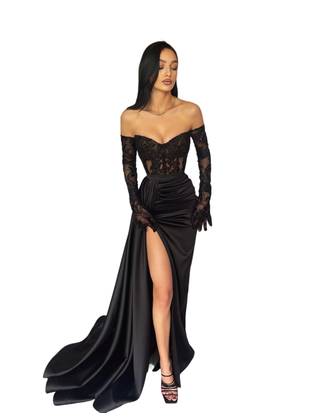 Black prom dresses bone bodice high split lace party dress sweep train dresses for special occasions formal evening gown