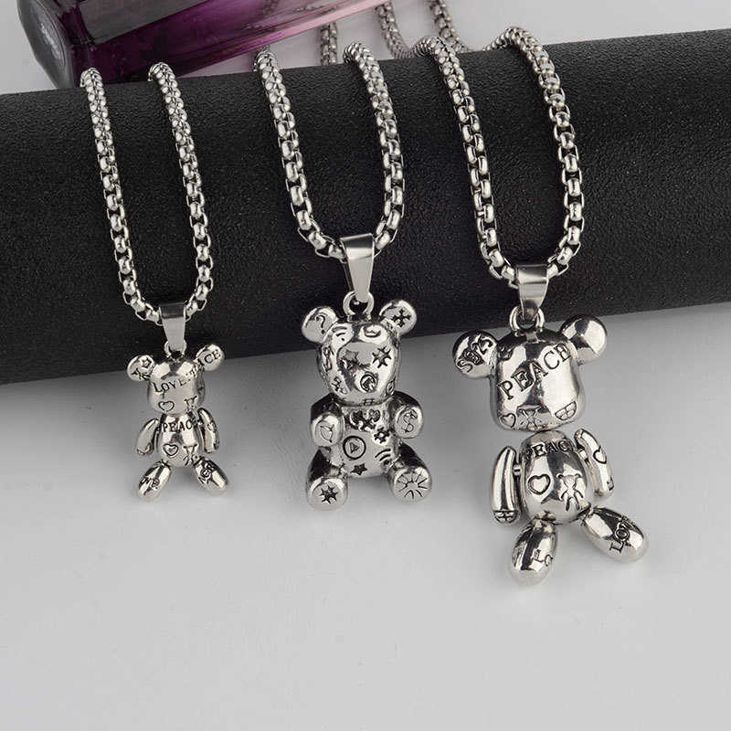Pendant Necklaces Rotatable Bear Doll Pendant Stainless Steel Necklace Men and Women Hip-hop Personality Simple Cartoon Sweater Chain Wholesale P23032 - view 3
