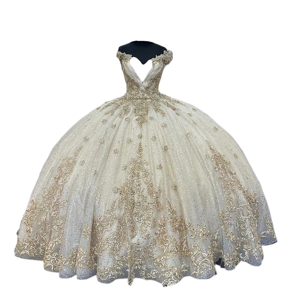 Champagne gold Off Shoulder princess Quinceanera Dresses Beaded Appliques lace-up prom Sweet 16 Vestidos De 15 Anos Robe De Bal