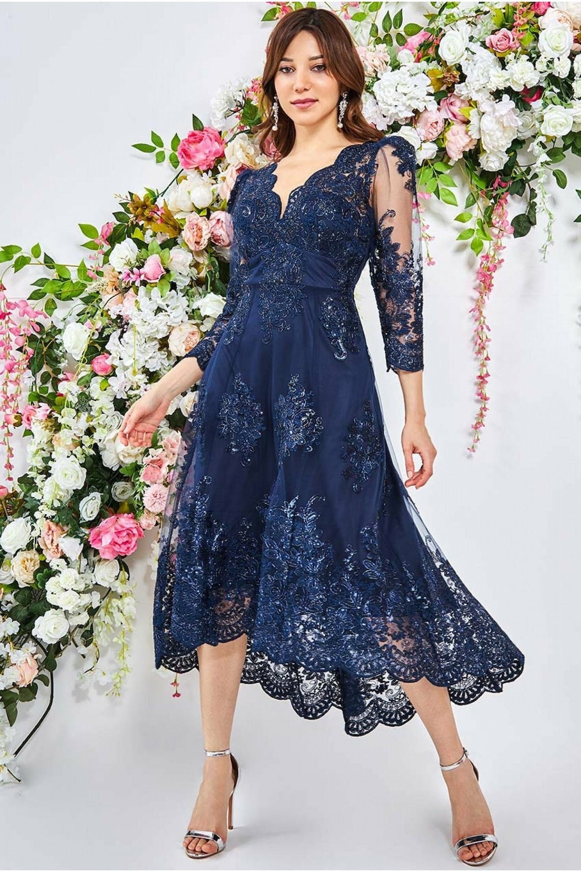 Navy Lace Appliqued Bridesmaid Dresses V Neckline Wedding Guest Dress Ankle Length Tulle Beaded Country Maid Of Honor Gowns