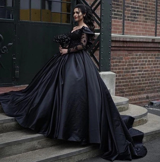 Gothic Black Ball Gown Wedding Dresses One Shoulder Vintage Satin Bridal Gowns Lace Applique Beaded Long Country Outdoor Vestido De Novia 2023