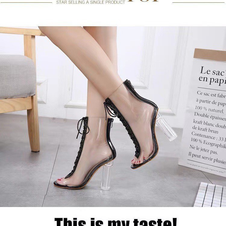 Boots Sexy PVC Transparent Boots Sandals Peep Toe Shoes Clear Chunky Heels Lace-Up Sandals Mujer Blue Women Boots 230327