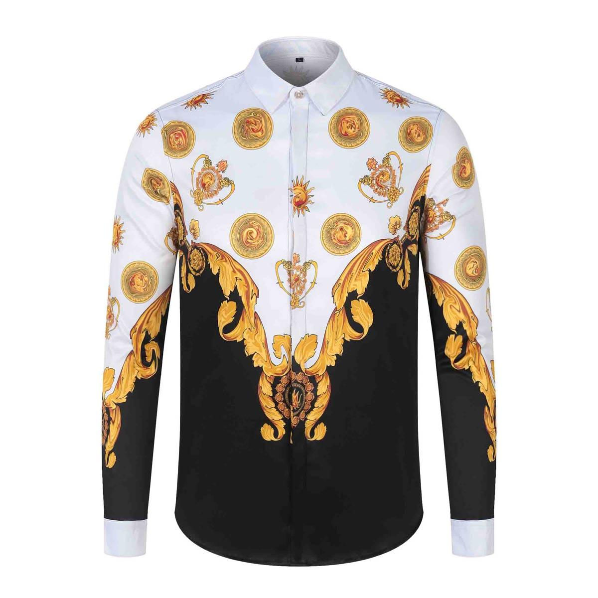 2023 Fashion designer slim shirt for men 3D Medusa black gold floral print men's dress long sleeve business Casual Shirts