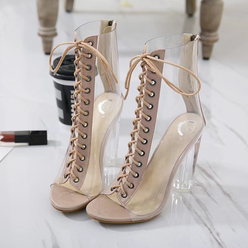 Boots Sexy PVC Transparent Boots Sandals Peep Toe Shoes Clear Chunky Heels Lace-Up Sandals Mujer Blue Women Boots 230327