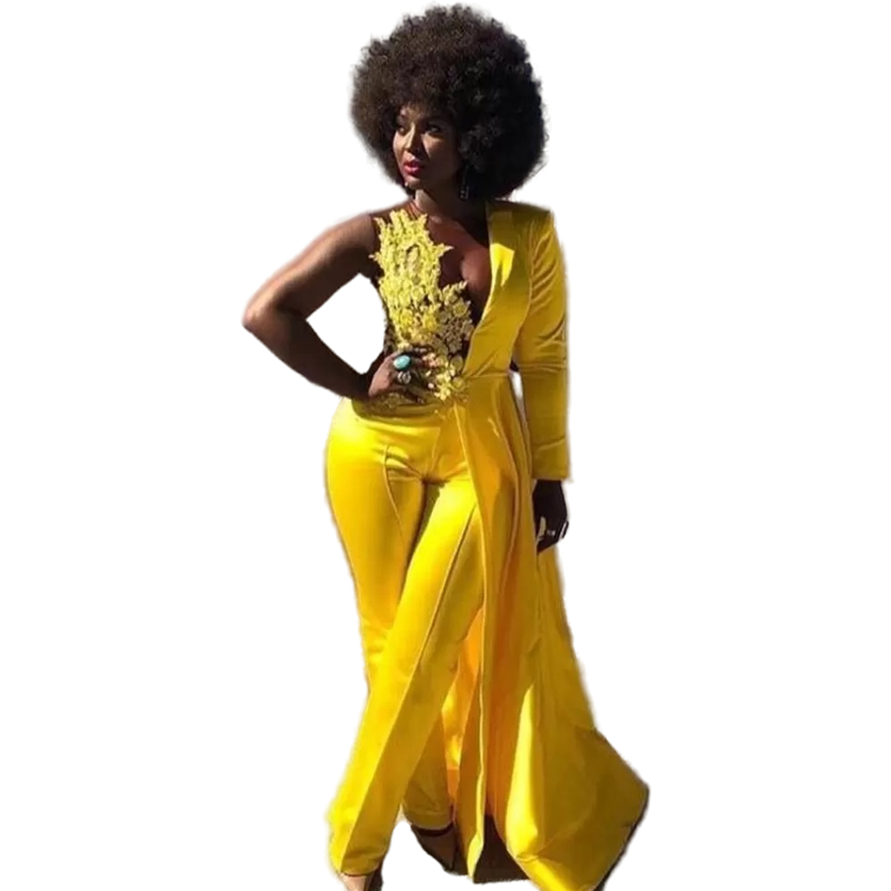 Modern Bright Yellow Jumpsuits Prom Dresses Sexy Backless Lace Applqiue One Long Sleeve Chic Stunding Evening Gowns For Women 2023