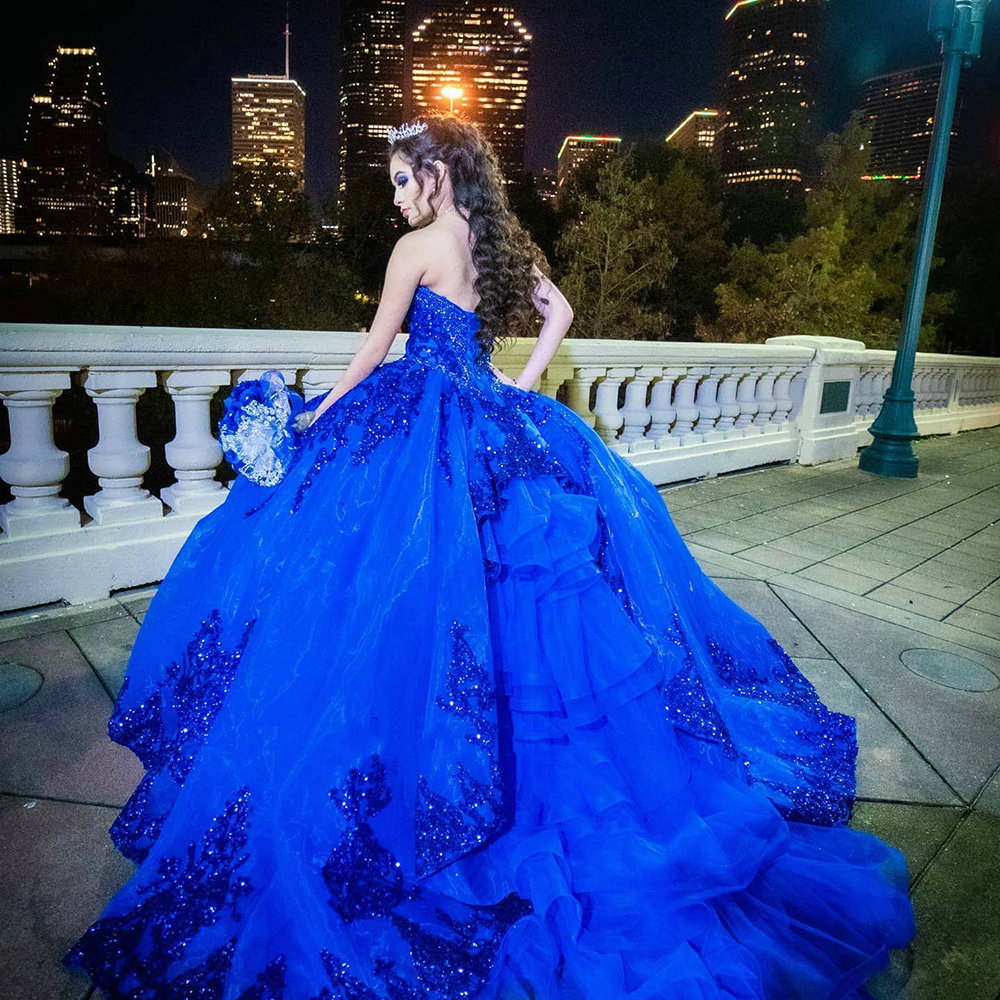 Royal Blue Princess Quinceanera Dresses Ruffles Tiered Tulle Prom Party Gowns Glitter Sequin Lace Appliqued Long Sleeves Sweetheart Neck Sweet 15 Vest