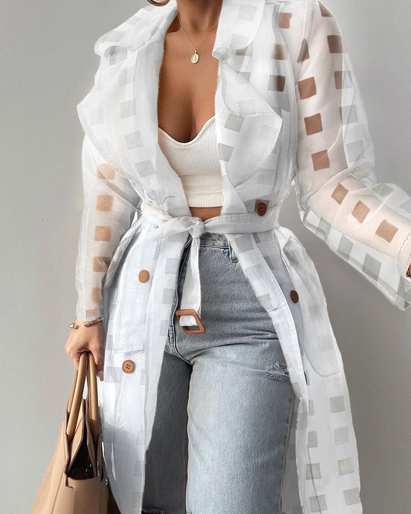 Women's Trench Coats LGRQ 2023 summer fashion women clothes turndown collar full sleeves organza windbreaker waist belt WW00404L 230329