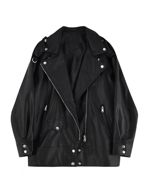 Women's Leather Faux Leather Sungtin Black PU Leather Jacket Women's with Ultrafine Belt Korea Loose Fit Motorcycle Artificial Leather Jacke