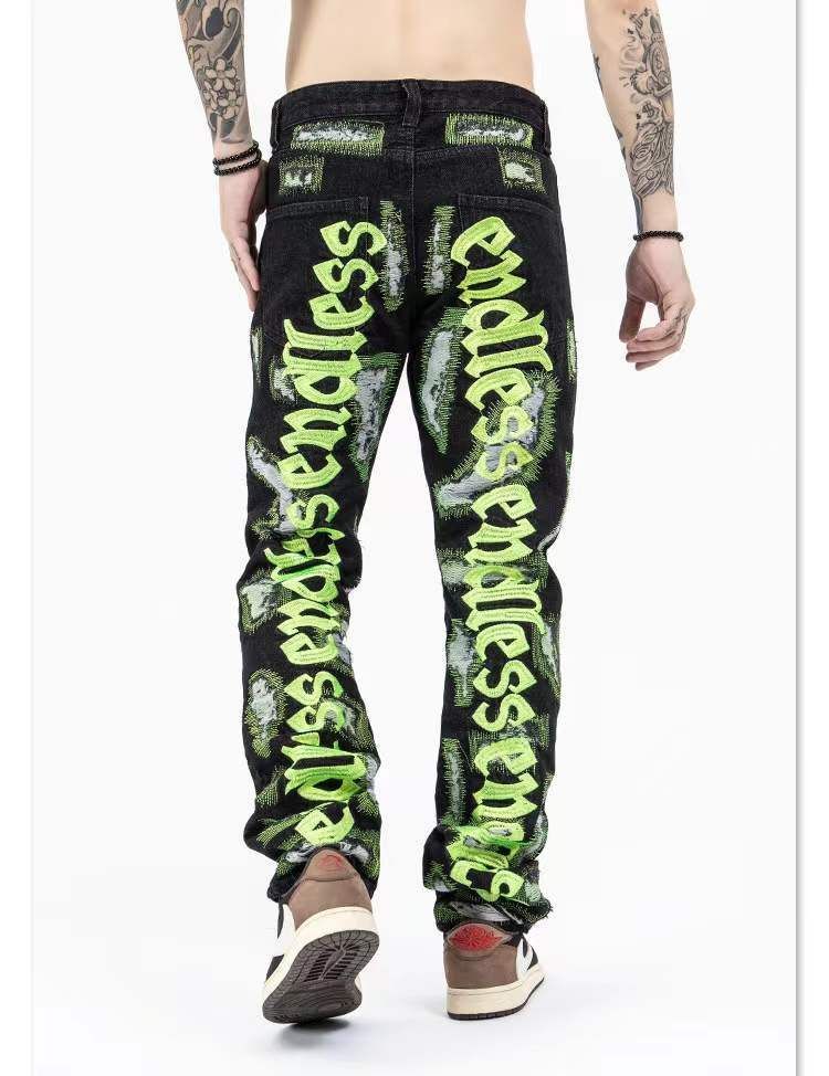 Mens Jeans Heavy Craft Washed Broken Embroidered Alphabet High Street Black Men Women Unisex 230329