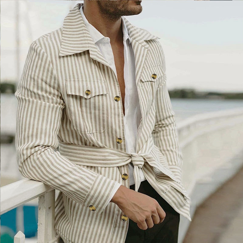 Men's Casual Shirts Men's Long Sleeve Striped Shirt Casual Streetwear Button Pocket Belted Shirt for Men Mid-length Men's Clothes S-5XL