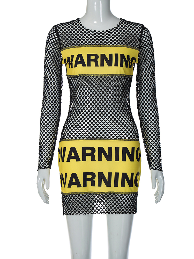 Casual Dresses Hugcitar Mesh ONeck Long Sleeve Letter Print See Through Sexy Bodycon Mini Dress Autumn Women's Evening Party Club Y2K Set 230329
