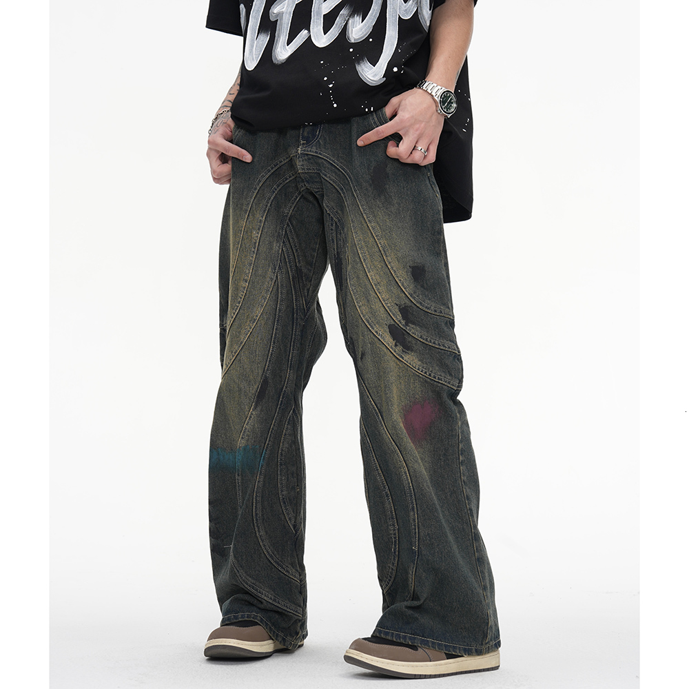 Men's Jeans Vintage Y2K Painted Circle Striped Straight Flare Pants Men's Harajuku Streetwear Casual Baggy Jeans Oversized Denim Trousers 23