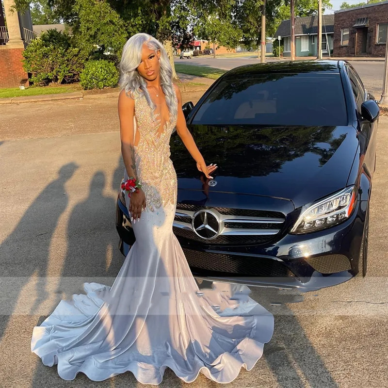 Mermaid Prom Satin Sier Dress 2023 Sheer Neck Mesh Beading Sequins Evening Party Gown Court Train Robe De Bal