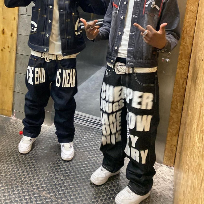 Mens Jeans Wide Leg Trousers Printed Streetwear Straight Hip Hop Letterprinted Pants Trend Fashion Punk Rock Loose 230329