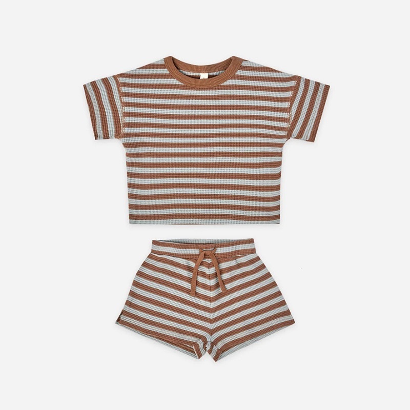 Clothing Sets Pakaian Bayi Baru Lahir Anak Laki laki Kasual Gaya Barat Bergaris Lengan Pendek T shirt Setelan Perempuan Musim Panas Katun Segitiga Cel