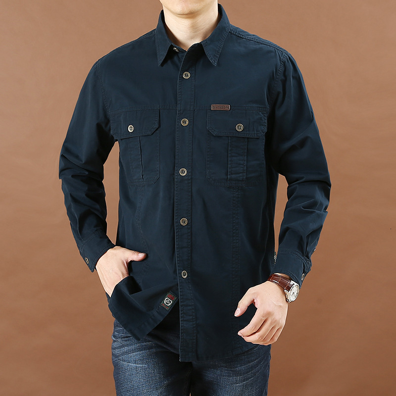 Men's Casual Shirts Men's Casual Loose Big Pocket Military Shirts solid Fashion Social Business Shirt men Spring Autumn men's long slee