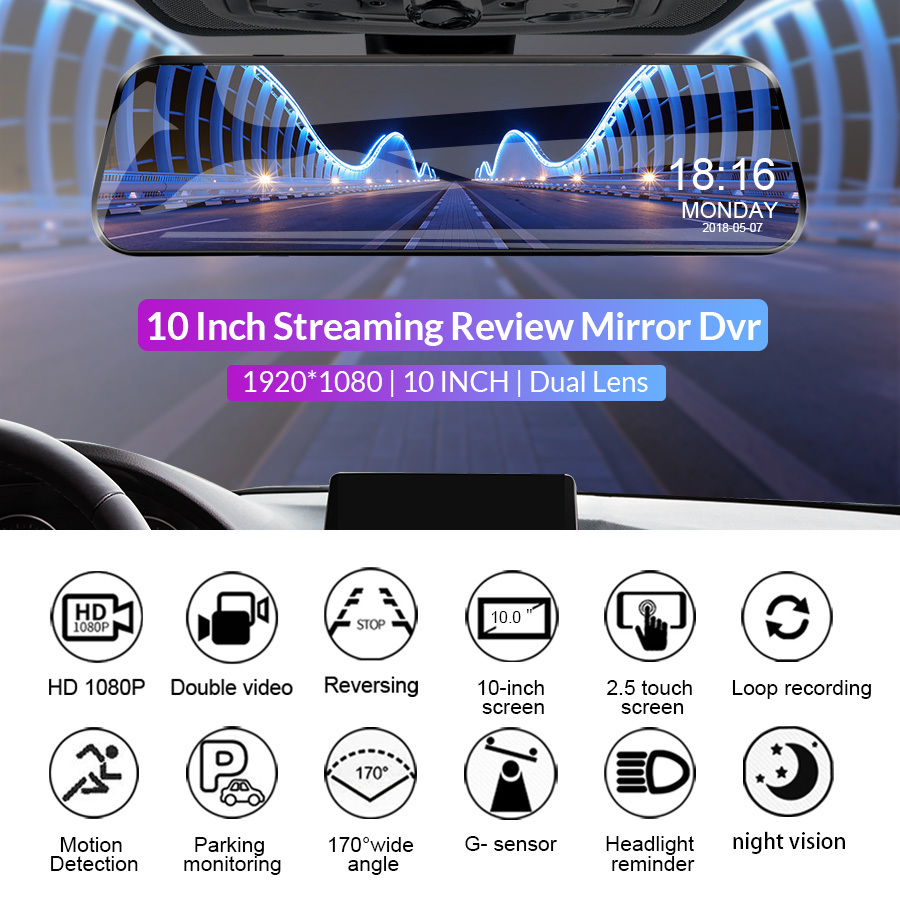 1080p Car Dvr Mirror Camera for Car Touch Screen Video Recorder Rearview Mirror Dash Cam Front and Rear Camera Mirror DVR Black Box