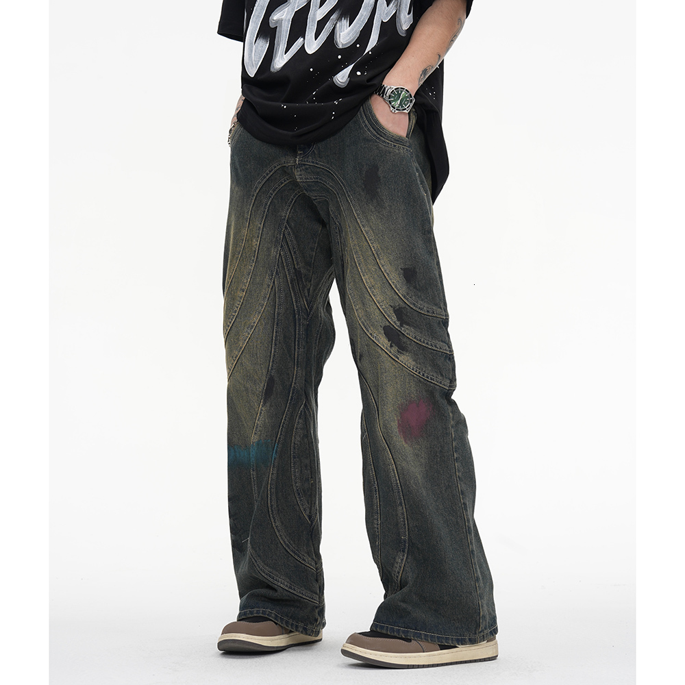 Men's Jeans Vintage Y2K Painted Circle Striped Straight Flare Pants Men's Harajuku Streetwear Casual Baggy Jeans Oversized Denim Trousers 23
