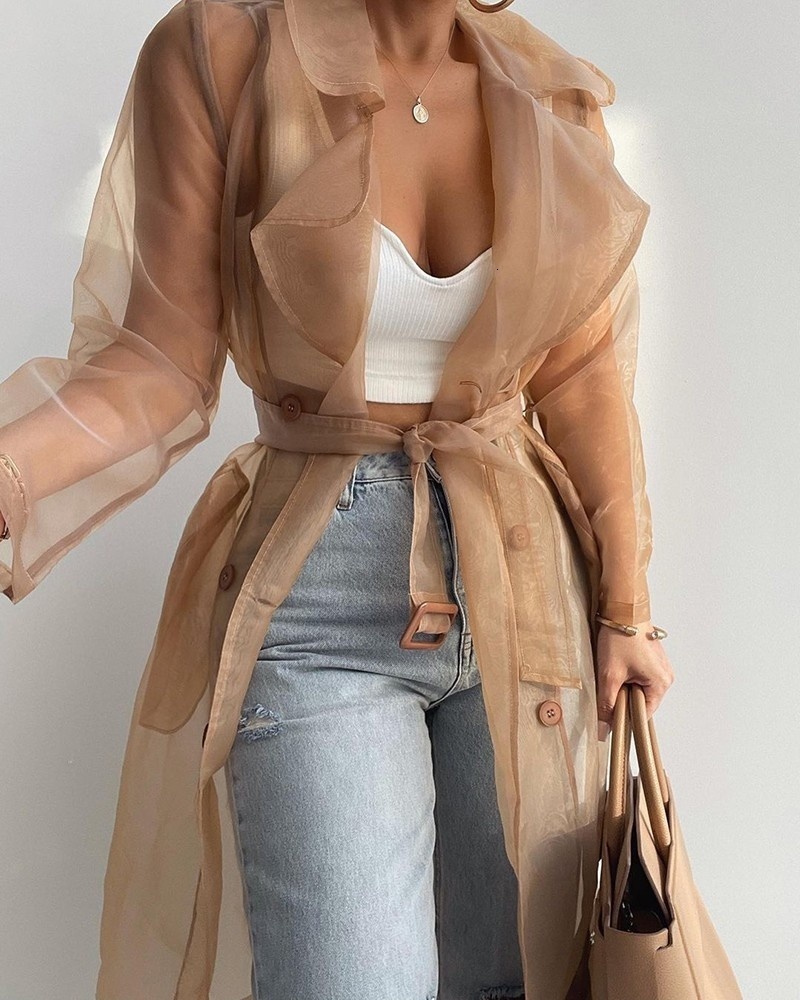 Women's Trench Coats LGRQ 2023 summer fashion women clothes turndown collar full sleeves organza windbreaker waist belt WW00404L 230329
