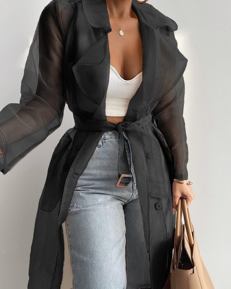 Women's Trench Coats LGRQ 2023 summer fashion women clothes turndown collar full sleeves organza windbreaker waist belt WW00404L 230329