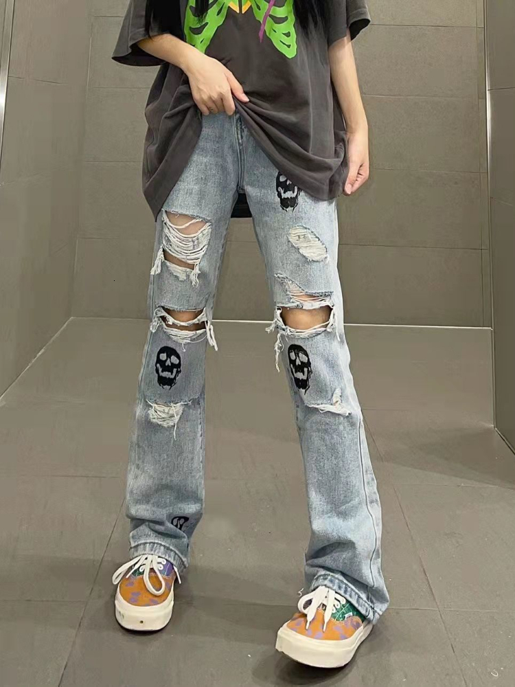 Womens Jeans Grunge Retro Black Pants Hollow Out 80s Aesthetic Vintage Gothic Streetwear Skull Blue Distressed Denim Trousers 230329