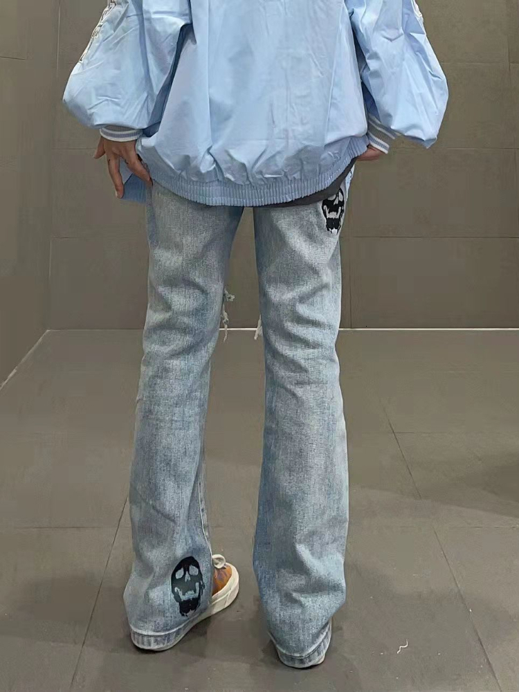 Womens Jeans Grunge Retro Black Pants Hollow Out 80s Aesthetic Vintage Gothic Streetwear Skull Blue Distressed Denim Trousers 230329
