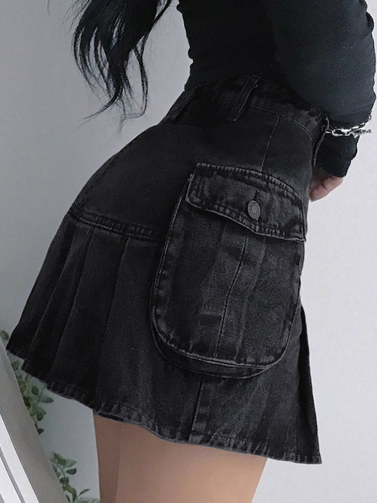Skirts ALLNeon Mall Goth Y2K High Waist Jean Egirl Aesthetics Black Denim Pleated with Big Pockets Grunge Punk Outfits 230329