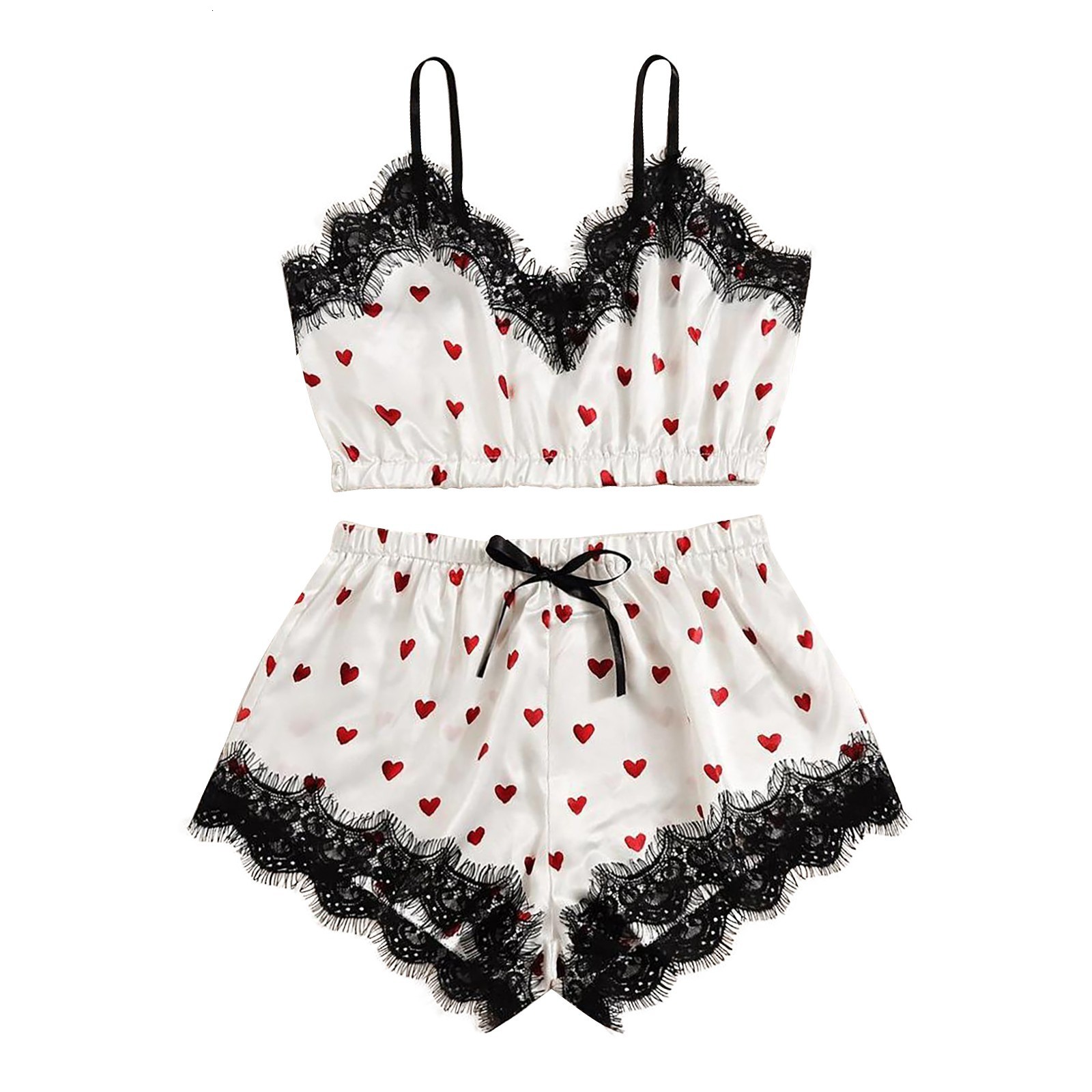 Women's Sleepwear 2PCS Women's Nightwear Sexy Satin Nightwear Set Sweet Print Camisol Nightwear Lace V-Neck Nightwear Sleeveless Camisol Top