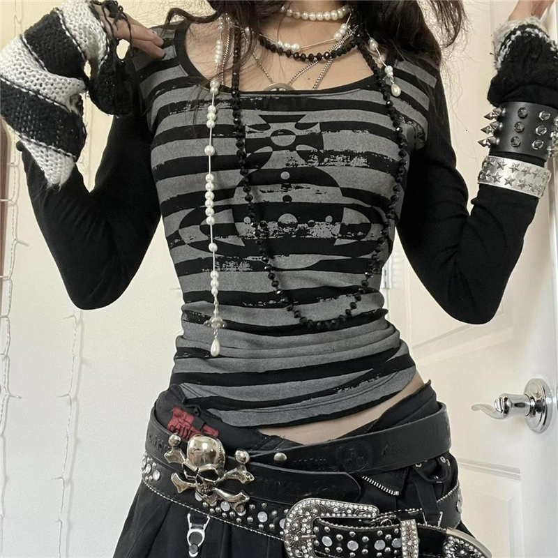 Women's TShirt Xingqing Gothic Grunge Tops y2k Aesthetic Stripe Long Sleeve TShirt 2000s Graphic Tshirt Dark Academic Apparel E Girls' Stree