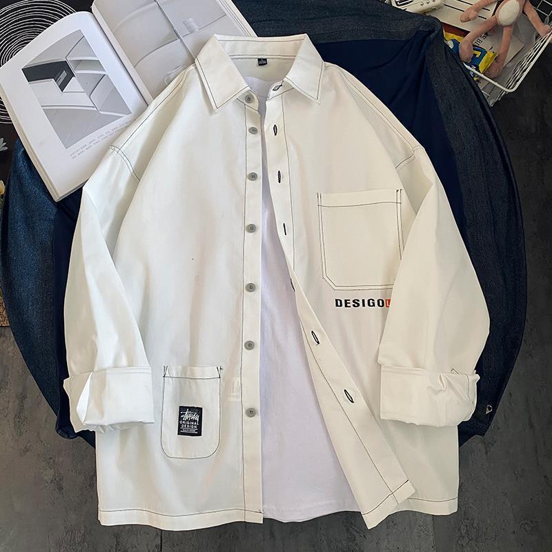 Men's Casual Shirts Men's long sleeved loose fitting Japanese summer hip-hop shirt Men's casual city boy Spring autumn letter printed p