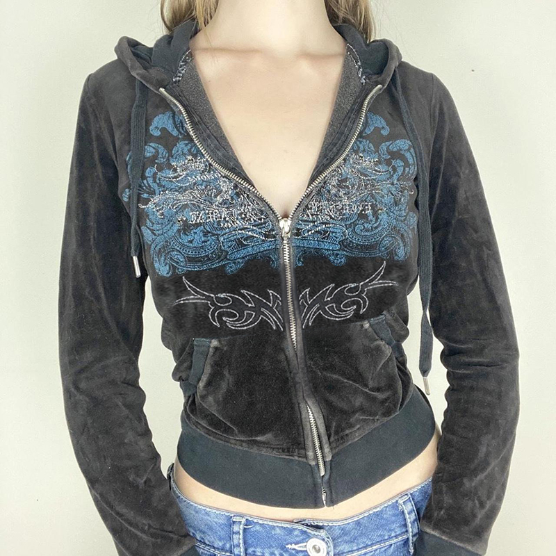 Womens Hoodies Sweatshirts Y2K Aesthetic Vintage Slim Embroidery Graphic Pattern Zip Up 2000s Retro Grunge Mall Goth Jacket Autumn Coat 230329