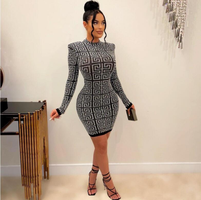 Designer women's Dresses Knit Dress Fashion Lette slim fit fashion casual plain color patchwork print off shoulder dress