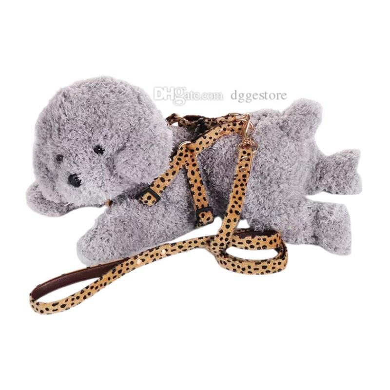 Leopard Print Collars Leash set Mohair and Leather Double Layer Durable No Pull Dog Harness Soft Adjustable Step in Puppy Vest for Small Dogs Outdoor 