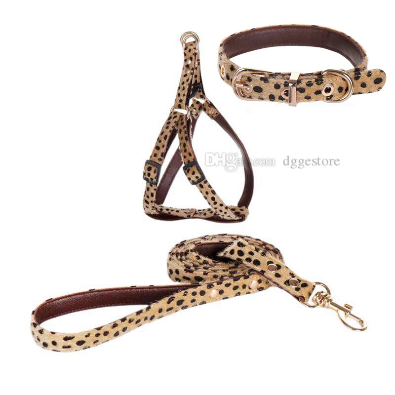 Leopard Print Collars Leash set Mohair and Leather Double Layer Durable No Pull Dog Harness Soft Adjustable Step in Puppy Vest for Small Dogs Outdoor 