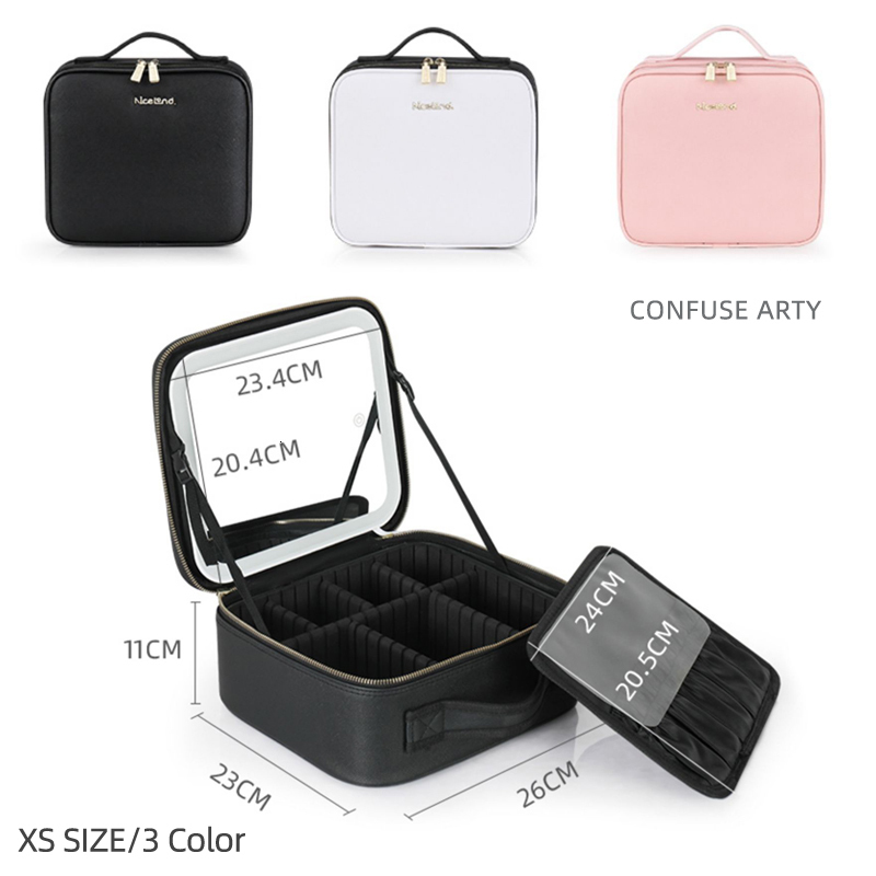 Cosmetic Bags Cases Smart LED Makeup bag With Mirror Large Capacity Professional Waterproof PU Leather Travel Case For Women 230329