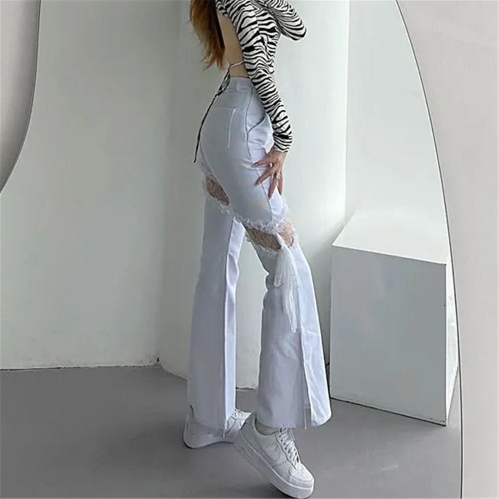 Womens Jeans Y2k Lace Stitching Hollow Out Side Slit Bandage High Waist Flared Slim Gothic Punk Streetwear Denim Pants Harajuku Trouser 230329