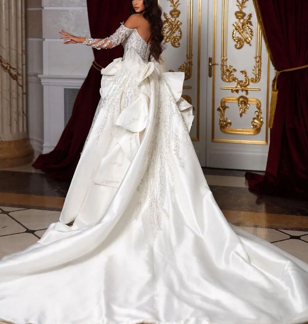 Dresses Mermaid Wedding Long Sleeves V Neck Appliques Sequins Beaded Ruffles Detachable Train 3D Lace Or Length Bridal Gowns Custom Made Abiti Da Spos